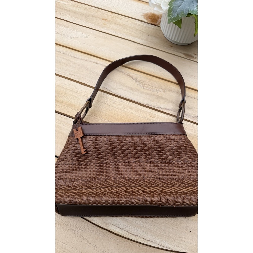 Vintage Fossil 1954 Boho Straw & Brown Leather Bag Leather Strap Purse Handbag